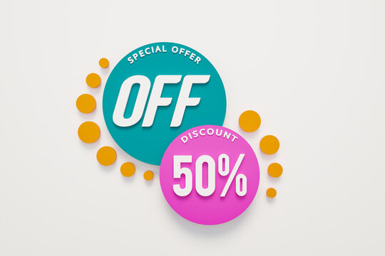 50% off, shopping event. Sale, promotion, fifty percent discount,marketing and special offer sign. Retail, online store and shopping activity to safe money. 3D illustration