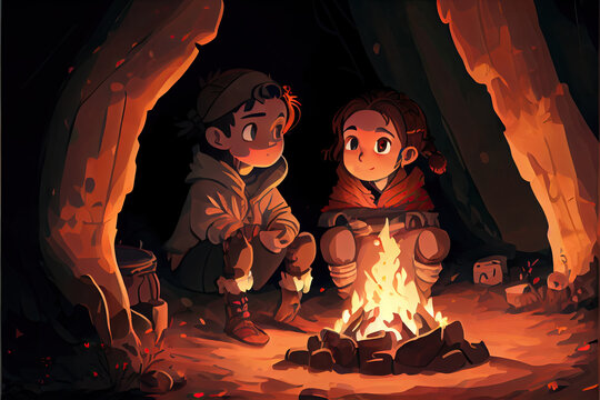 Boys and girls roasting fire in a cave.Concept Art Scenery. Book Illustration. Video Game Scene. Serious Digital Painting. CG Artwork Background. Generative AI
