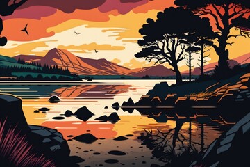 Ireland's lake at sunset. Generative AI