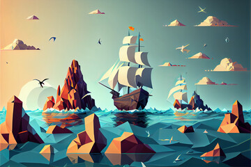 The boat sails on the sea.Set sail on the water.Set sail on the water.Concept Art Scenery. Book Illustration. Video Game Scene. Serious Digital Painting. CG Artwork Background. Generative AI
