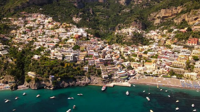 Aerial drone view of Positano town in Italy, Amalfitan coast