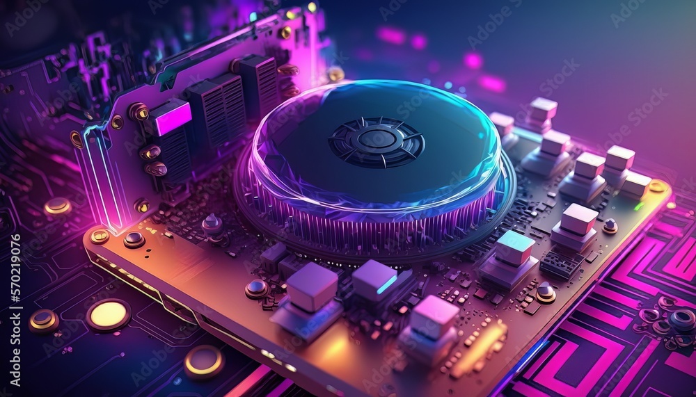 Poster Technology circular circuit chip background. Machine blockchain mining network. Generative AI technology.