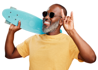 A mature african american man standing with a mini skateboard. Handsome and carefree mature man wearing sunglasses and laughing happily. Summer means rock on isolated on a PNG background.