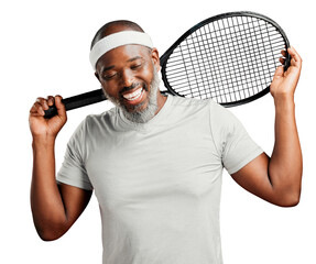 A happy mature african american man posing with a tennis racquet on his shoulder. Smiling black man feeling fit and sporty while playing a match isolated on a png background.