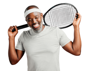 A happy mature african american man posing with a tennis racquet on his shoulder. Smiling black man feeling fit and sporty while playing a match isolated on a png background.