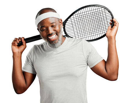 A Happy Mature African American Man Posing With A Tennis Racquet On His Shoulder. Smiling Black Man Feeling Fit And Sporty While Playing A Match Isolated On A Png Background.