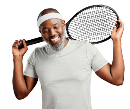 A happy mature african american man posing with a tennis racquet on his shoulder. Smiling black man feeling fit and sporty while playing a match isolated on a png background. - Powered by Adobe