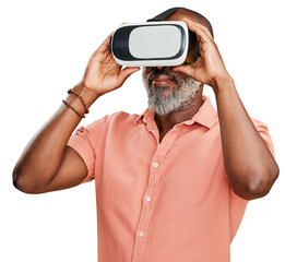 A mature african american man in grey beard using a virtual reality headset while standing and using wireless technology to play games isolated on a png background
