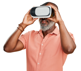 A mature african american man in grey beard using a virtual reality headset while standing and using wireless technology to play games isolated on a png background