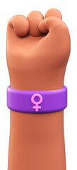 Isolated raised fist of a hispanic woman with female symbol on bracelet for international women's day and feminist activism in 3D illustration. March 8 and activism for women rights