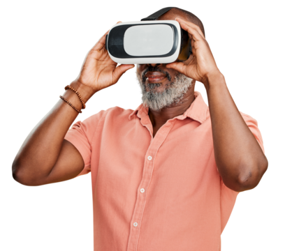 A mature african american man in grey beard using a virtual reality headset while standing and using wireless technology to play games isolated on a png background