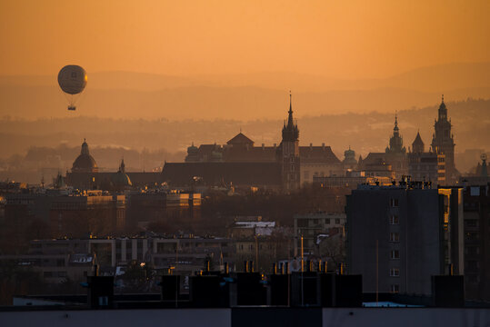 sunset over the city in Poland Krakow