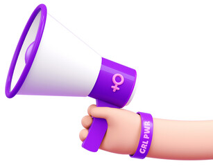 Isolated hand of a caucasian woman with a megaphone for international women's day and feminist activism in 3D illustration. March 8 for independence, empowerment, and activism for women rights - obrazy, fototapety, plakaty