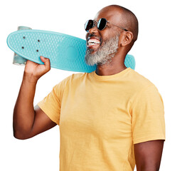 A funky cool mature African American man posing with a skateboard. Smiling black man wearing sunglasses feeling youthful and energetic. Skating is fun isolated on a PNG background. © peopleimages.com
