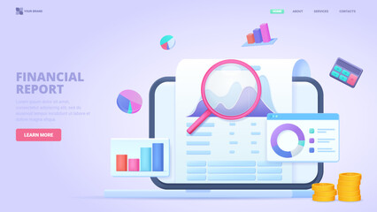 Financial audit, income growth, business plan, financial report, accountant service, personal financial consultant. Three dimensional design concept for landing page. 3d vector illustration for websit © Karina