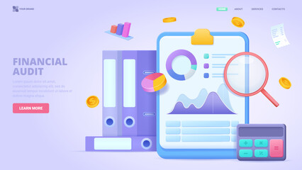 Financial audit, income growth, business plan, financial report, accountant service, personal financial consultant. Three dimensional design concept for landing page.3d vector illustration for website