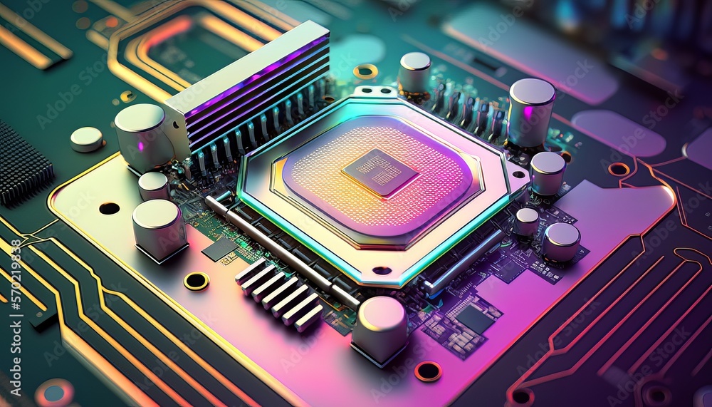 Poster High speed tech circuit chip on motherboard background. Computer big data network. Generative AI technology.