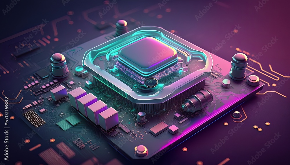 Poster Computer circuit chip on motherboard background. Futuristic smart mind connect network. Generative AI technology.	