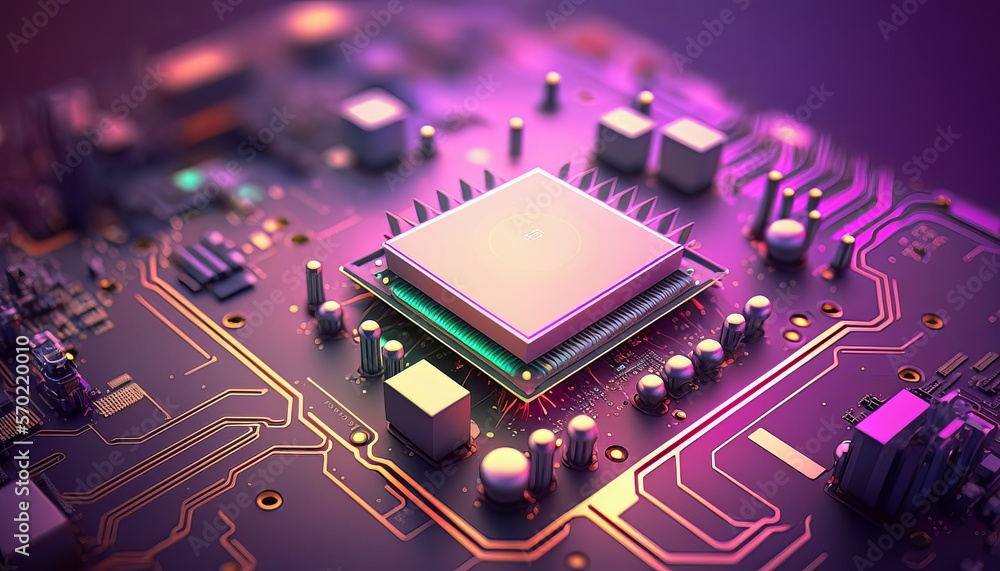 Poster Micro processors chip digital technology background. Futuristic computer system network. Generative AI technology.	