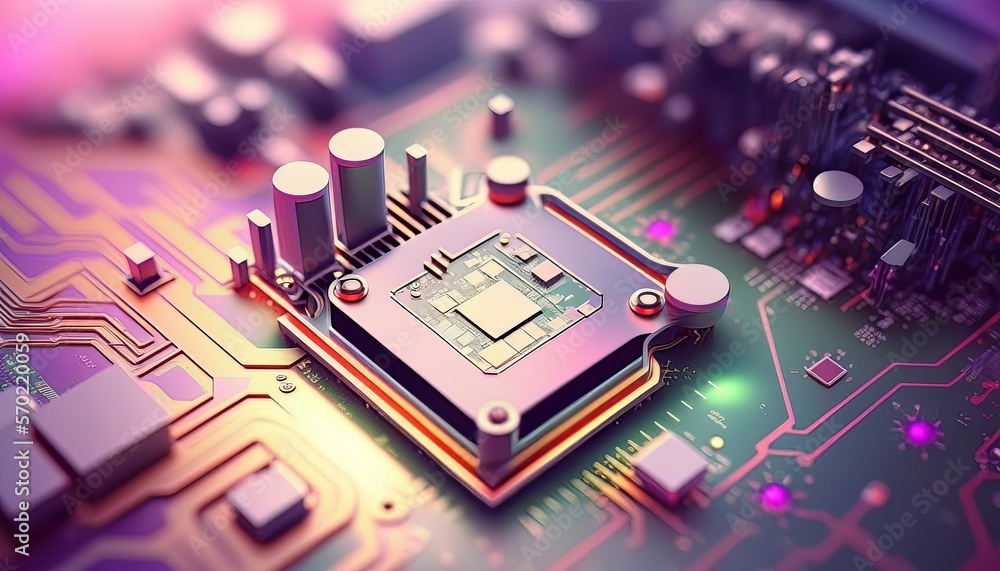 Poster Computer processors chip digital technology background. Big data system network. Generative AI technology.	