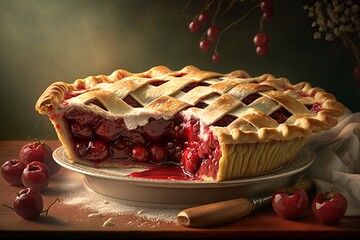 delicious cherry pie on a picnic, concept of enjoying time with family and also pie (pi) day. ai generative - obrazy, fototapety, plakaty