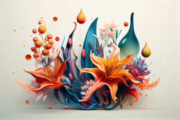 Arrangement of flowers liquid splashes and organic shapes. Generative AI