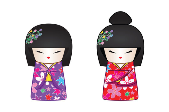 Kokeshi doll wooden Japanese traditional doll with 2 cute girls or lady dress in flower pattern kimono drawing in cartoon vector