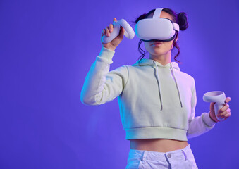 Metaverse, virtual reality glasses and a woman with mockup space for futuristic, cyber and digital world. Gamer person with hand controller for ar, 3d experience and cyberpunk purple background app © Nicholas F/peopleimages.com
