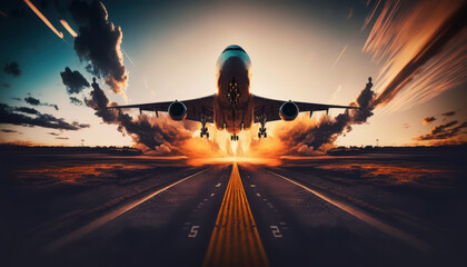 Airplane at the airport runway , generative ai