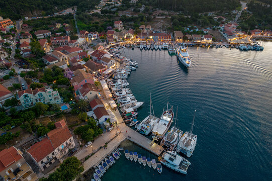 Aerial view of the beautiful Fiskardo village in kefalonia island, ionian, west Greece.