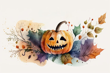 Carved Pumpkin with leaves Halloween - Watercolor (Generative AI Art)