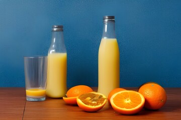 A bottle of orange juice and a glass of orange juice on a wooden table on a blue background - generative ai