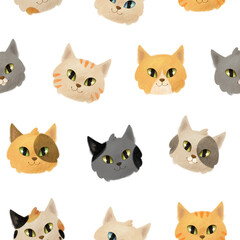 Cats seamless pattern. Cute cats faces, different cat breeds, coat colors. White background, high resolution, 300dpi