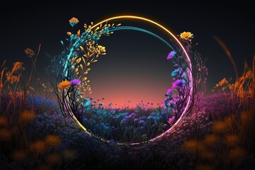 3d Neon hoop or circle in the wildflowers. Nature in vibrant neon colors Generative AI