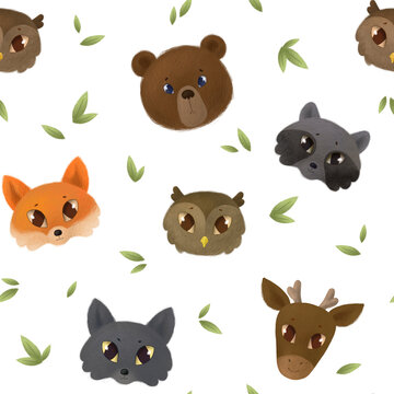 Forest animals seamless pattern. Cute bear, owl, racoon, fox, deer and wolf faces among green leaves. Transparent background, high resolution, 300dpi