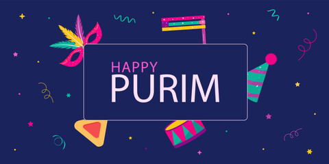 Fototapeta na wymiar Happy Purim carnival.Vector greeting card for Purim holiday.Carnival mask.Jewish holiday.Jewish holiday Purim.Hamantaschen cookies..Grager ratchet.Purim party elements.Vector flat illustration.