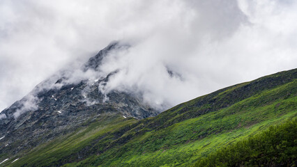 Fototapeta na wymiar Misty mountain peak in Norway on an overcast day with green environment in the foreground