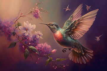 Delicate painting with a bird landing on the flowers. Pastel tones Generative AI