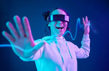 Vr, wave or woman in metaverse on purple background gaming, cyber or scifi on future digital...