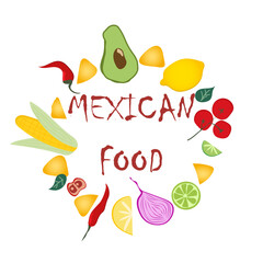 Card with set of ingredients of mexican cuisine on white background. Food preparation. Vector cartoon illustration. Composition in a circle.