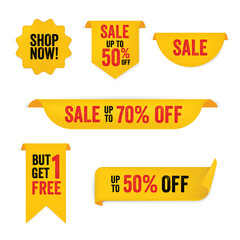 Yellow Sale, offer tags vector illustrations, shop now, off, buy 1 get 1, up to 50% off