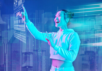 Futuristic, hologram or woman in metaverse on purple background gaming, cyber or scifi on digital...