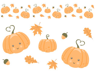 Ripe pumpkin with a cute face and a heart-shaped stem, acorns, maple and oak leaves on a white background. Seamless horizontal border with kawaii vegetable character and autumn foliage. Vector design