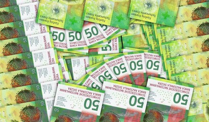 Swiss Francs 50 banknotes in a fan mosaic pattern 3d illustration