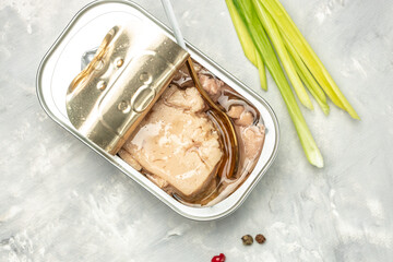 liver cod, Canned seafood, Natural source of omega 3. banner, menu, recipe place for text, top view