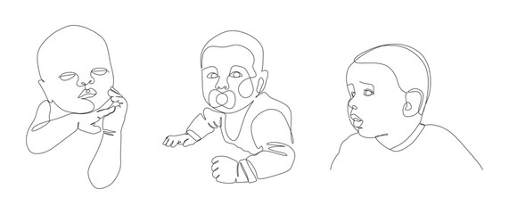 Black outline cute baby isolated on a white background. Minimalist modern one line art. Linear kids portraits. Black and white vector set for poster, greeting card, cover, signage or print for t-shirt
