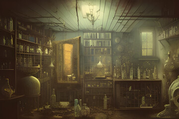 Fototapeta na wymiar Alchemist lab. A strange and creepy cabinet of curiosities filled with lots of bottles and glass jars. Digital illustration. CG Artwork Background