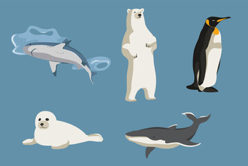 Arctic Animals Collection Set On Blue Background
