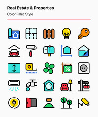 Customizable set of real estate and property icons covering the design, planning, interior, and fixtures. Perfect for agencies, businesses, apps, websites, catalogs, advertising, marketing, etc