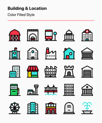 Customizable set of building and location icons consisting of common public places and locations in the city. Perfect for maps, user interface, advertising, graphic design, business, etc © Totto House